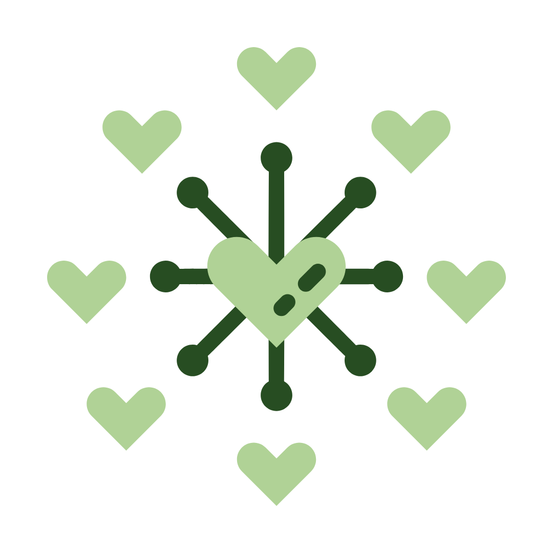 Keskellä isompi sydän, josta lähtee säteitä pienempiin sydämiin, jotka ympäröivät sen